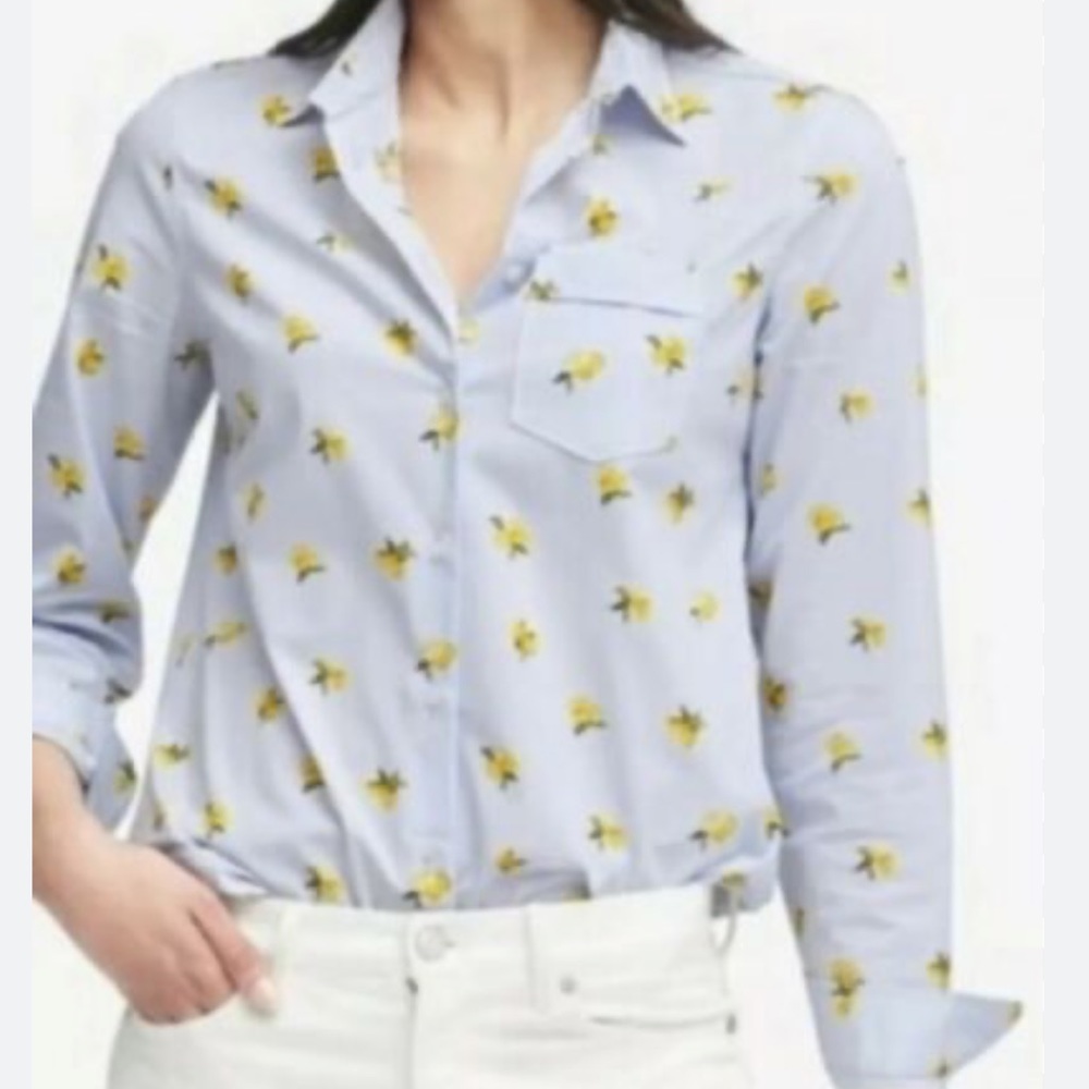 Banana Republic Light Blue Floral Button-Up Blouse